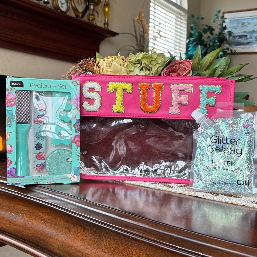 Brand New Colorful "STUFF" Makeup Cosmetics Bag Hair Body Glitter Pedicure Set